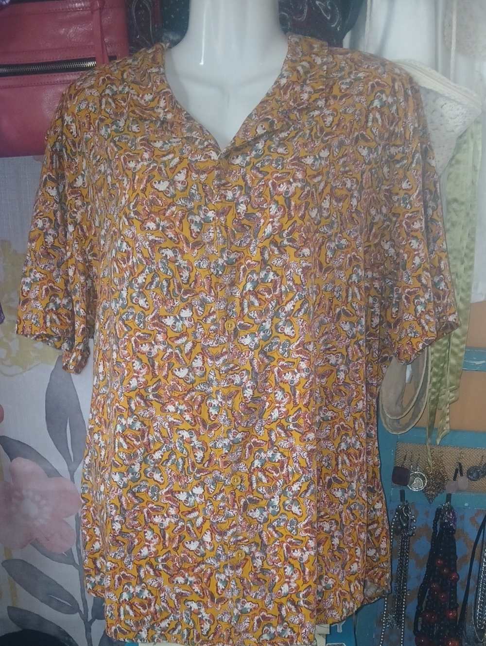 EARTHBOUND Mustard Floral Short Sleeve Blouse XXL